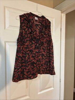 CAbi 4071 study top Black Sleeveless V-Neck Camisole Pink and Gold Leaf Print